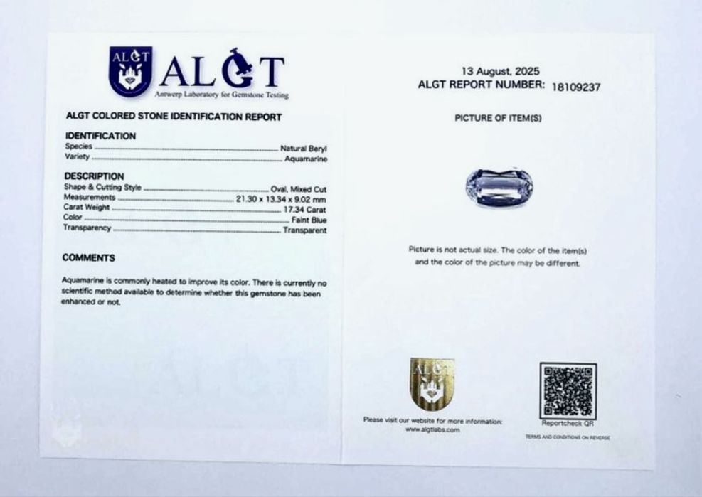 Acvamarin natural de 17,34 ct cu certificat ALGT