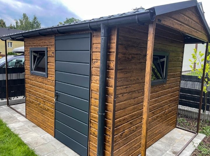 Căsuță de grădină 3,6×3,6m+streașină 3×3,6 m – maro închis mat – spați