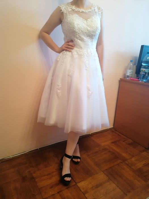 Rochie de mireasa alba scurtă midi mărimea M-L 38-40
