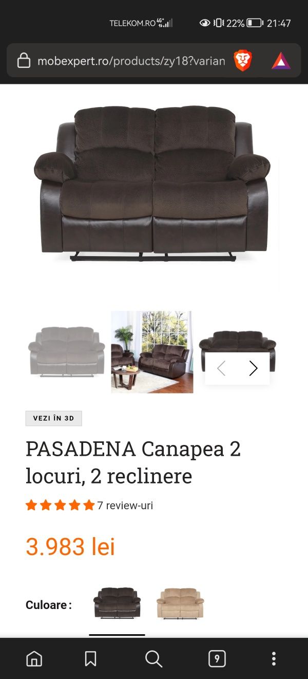 Canapea PASADENA MOBEXPERT 2 locuri, 2 recliner GRI - TRANSPORT