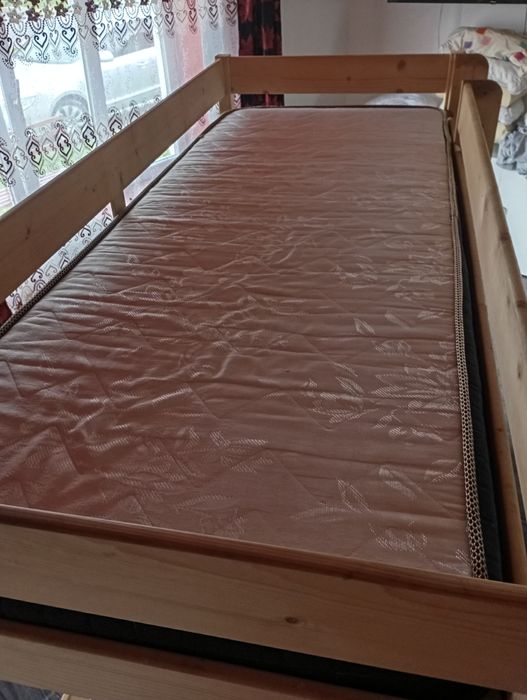 Pat etajat Lemn Masiv, 80x200 cm, Natur + 2 saltele