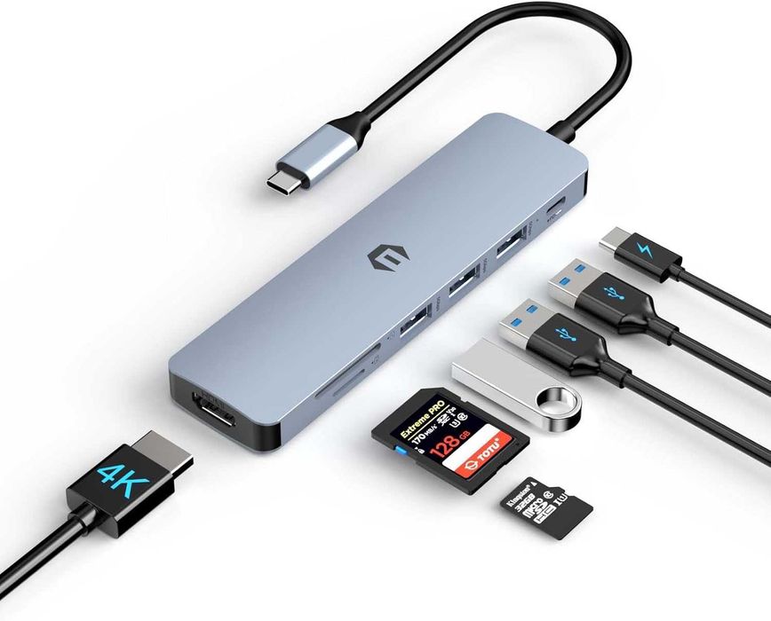 7-в-1 USB-C хъб с HDMI, USB-A,SD/TF и PD–универсален адаптер за лаптоп