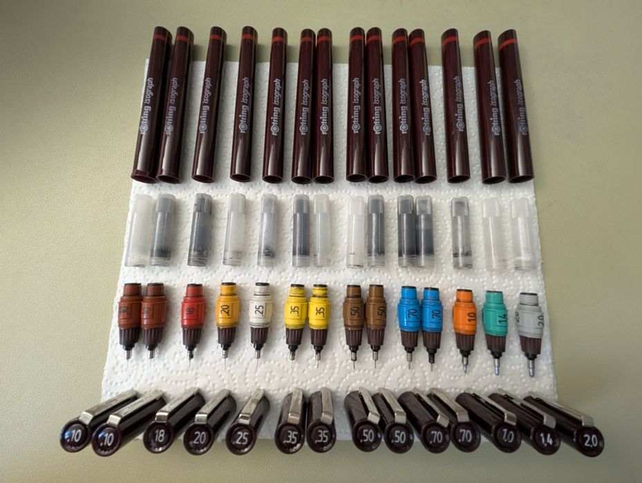 Set Rotring isograph tragator tus/stilou tehnic - diverse marimi (0.10