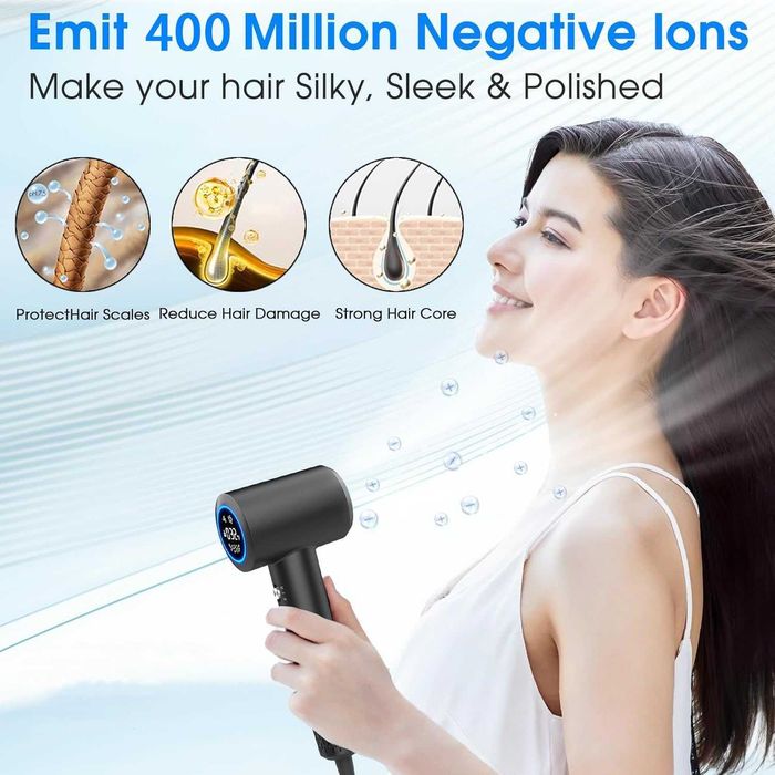 KARAFUN Йонен сешоар, 2200 W с накрайник за бързо сушене, HD екран