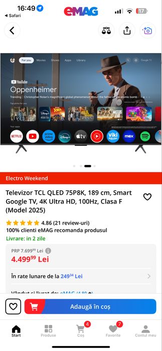 Vand tv tcl 189 cm ultra 120 hz folosita 2 saptamani are folia pe ecra