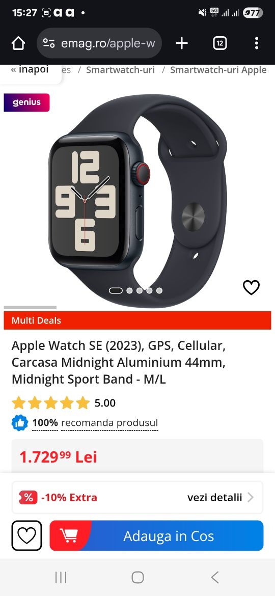 Apple Watch SE (2023), GPS, Cellular, Carcasa Midnight Aluminium 44mm,