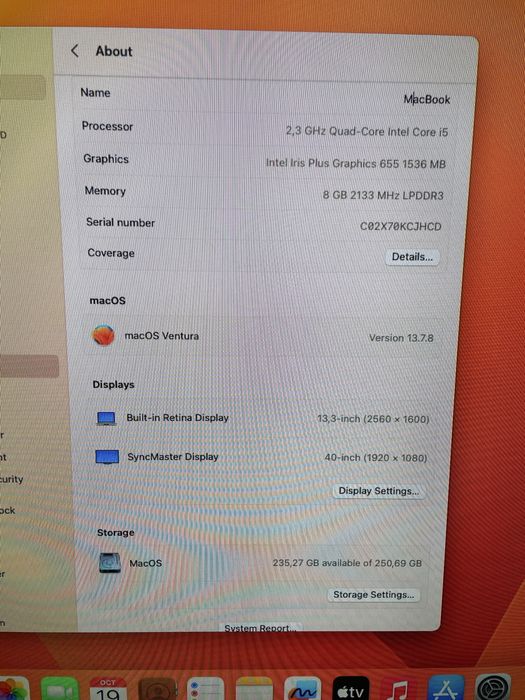 MacBook Pro 13” A1989 Intel i5/8GB RAM/256GB SSD
