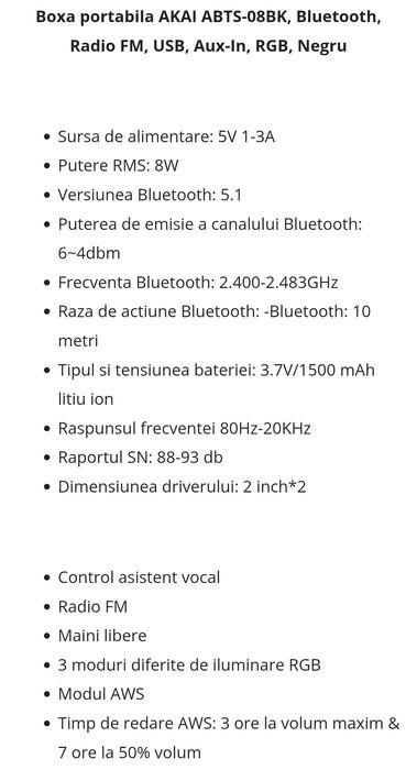 Boxa portabila AKAI ABTS-08BK, Bluetooth, Radio FM, USB, Aux-In lumini