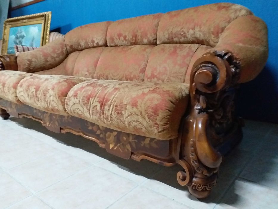 Set baroc 2 fotolii si canapea matase lemn sculptat Italia stil antic