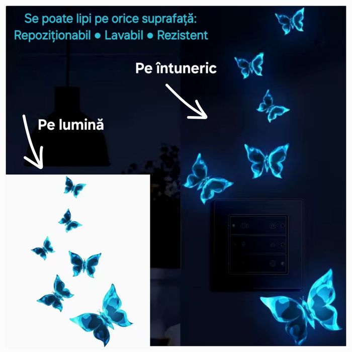 Set decorativ Fluturi: luminoși/simpli. Diferite modele. Stickere.