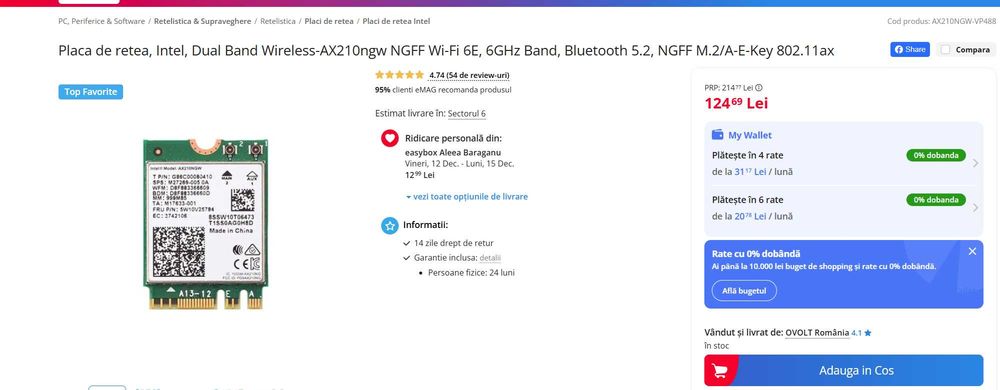 Vand Placa retea Intel  Wi-Fi 6E Noua cu garantie