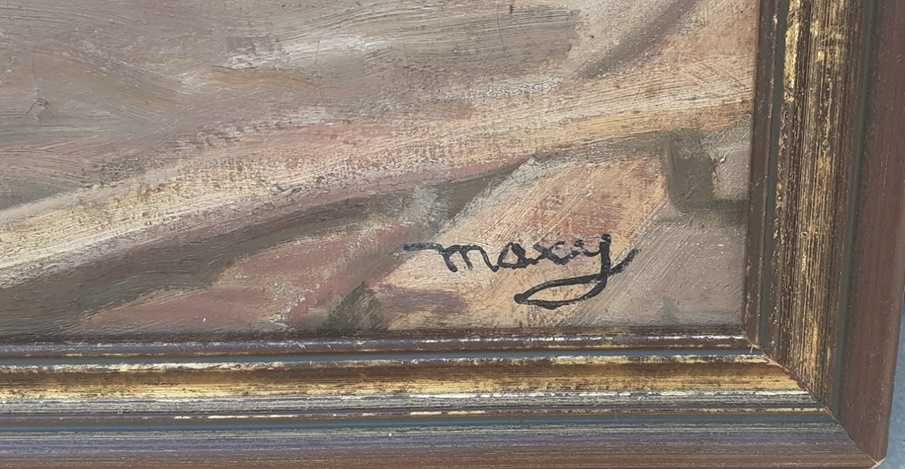Tablou vechi - muncitori pe santier  - semnat Maxy
