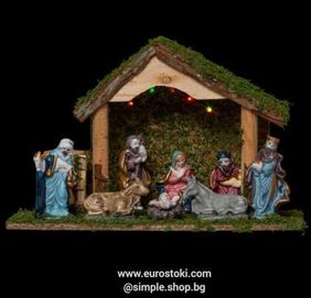 Сцена на Рождество Христово с 8 фигури и LED светлини, коледна