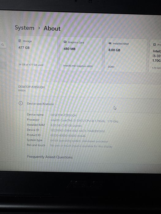 Vand Lapto Asus Pro BU400 A I5 8GB ram 512 SSD