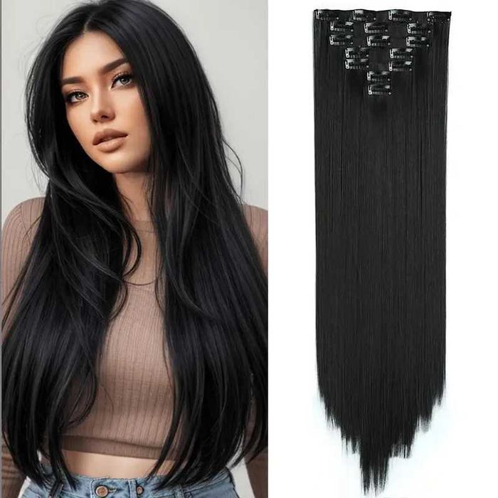 Extensii par NEGRE, 60 cm, 16 clipsuri, NOI, fibre sintetice premium
