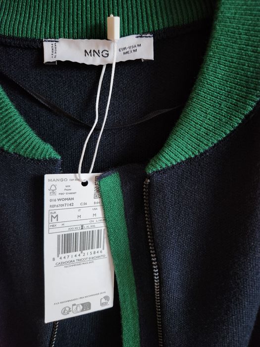 Бомбър жилетка Мразмер MANGO плетиво суитшърт яке тъмносин зелен цип