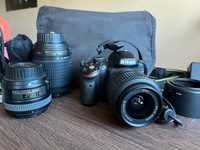 Фотоапарат Nikon D3200 + 3 обектива, и статив, подарък аксесоари