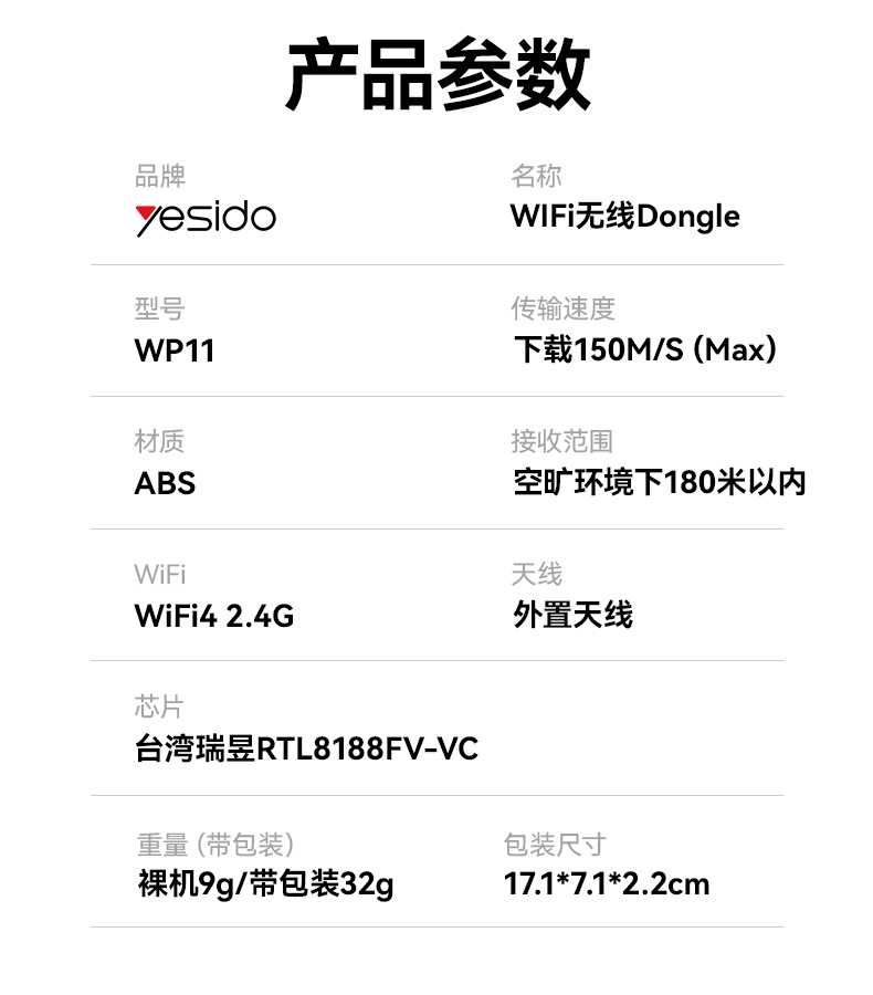 Yesido WP11 Беспроводной Wi-Fi4 USB 2.4G адаптер с для ПК и ноутбуков