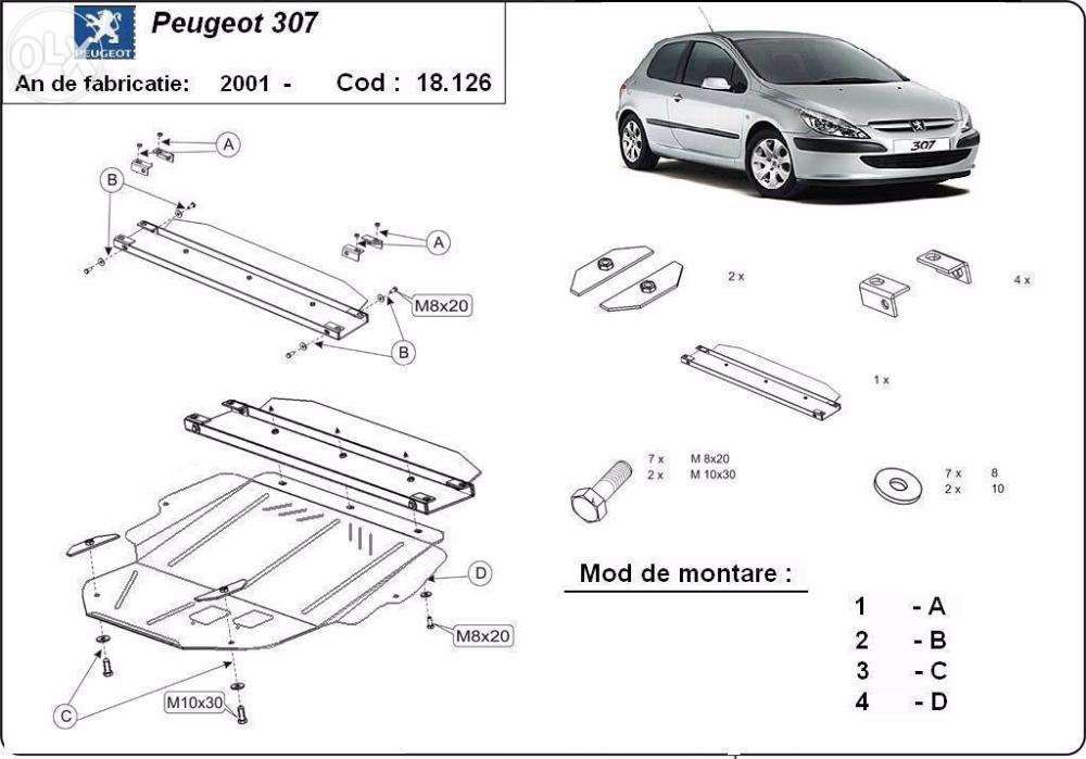 Scut metalic pentru motor Peugeot 307 2001 -2008, otel 2mm