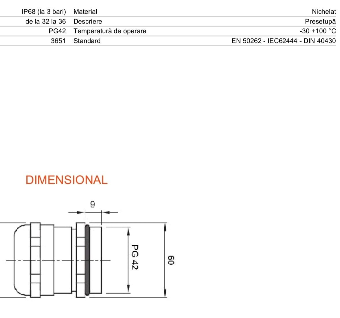 Presetupă alama nichelata PG42 - IP68 noua