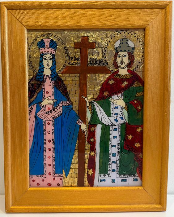 Icoana pe sticla-Sf. C-tin si Elena- foita de aur UNICAT, rama lemn