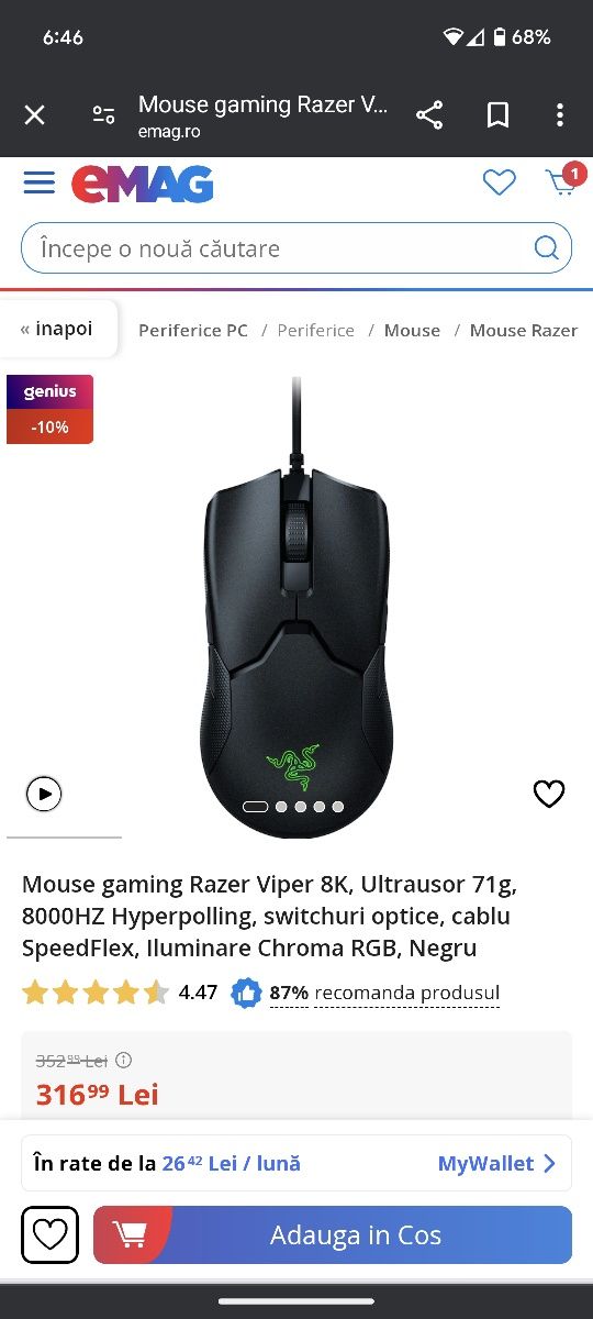 Mouse gaming Razer Viper Mini cu paracord