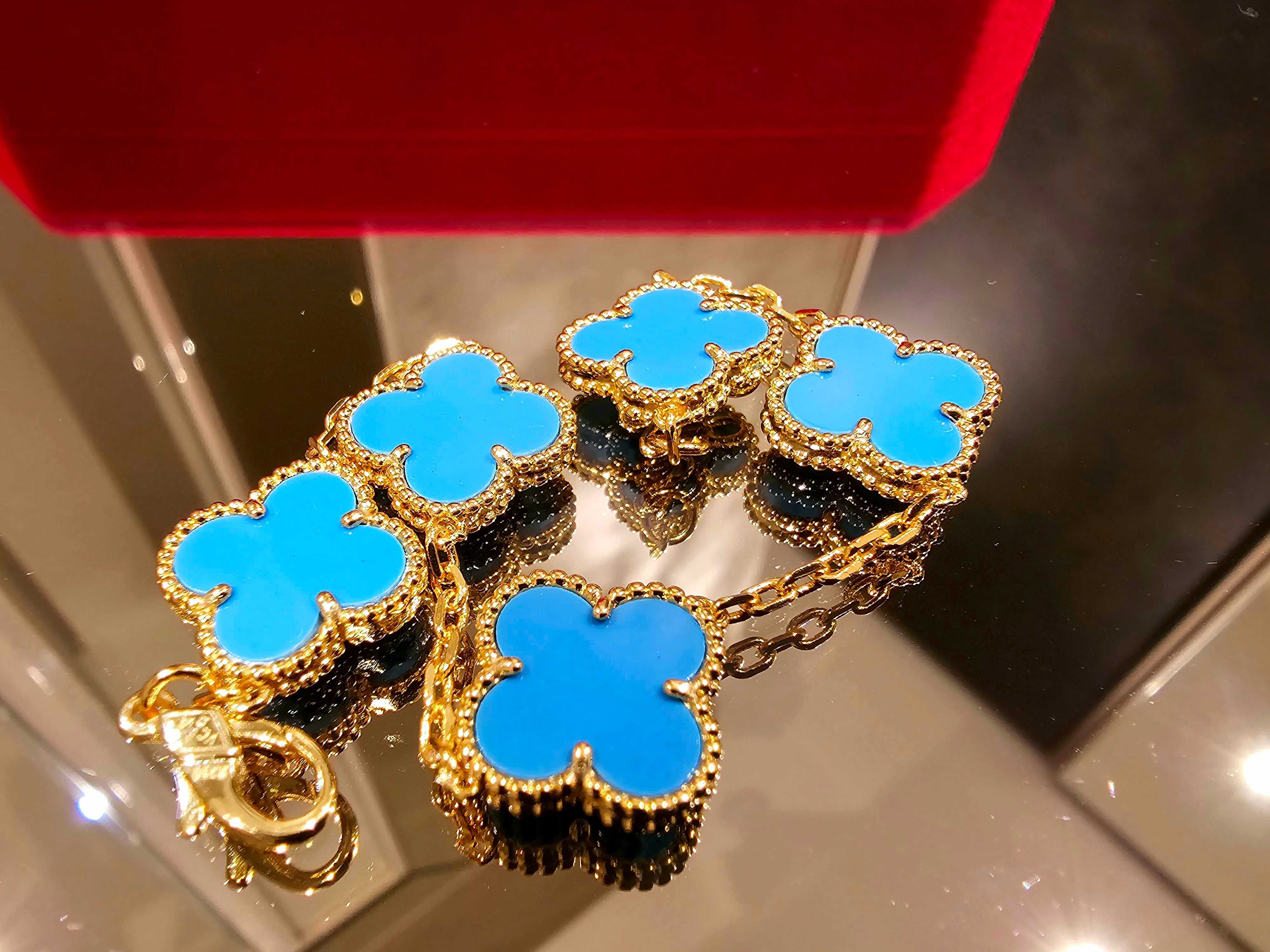 Van Cleef & Arpels VCA Gold Turquoise 5 Motif Alhambra Дамска Гривна