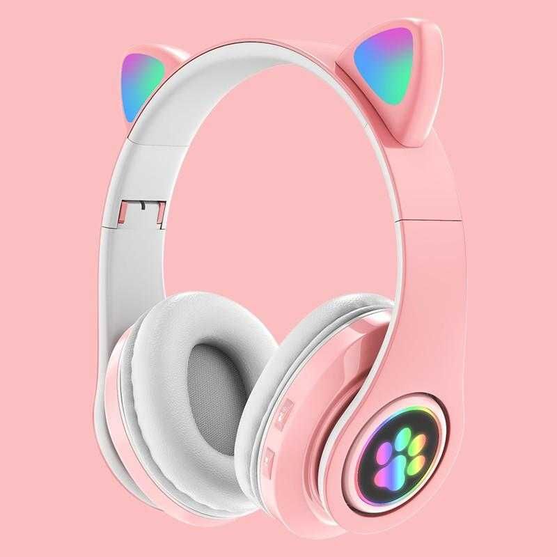 Слушалки с котешки уши с LED светлини, розови