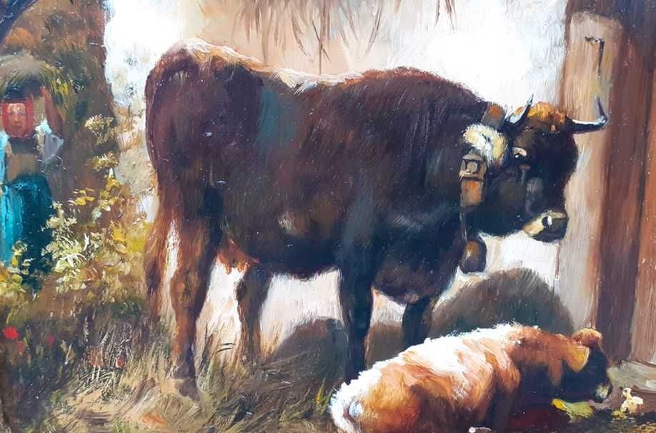 Tablou vechi - gospodarie cu animale - nesemnat