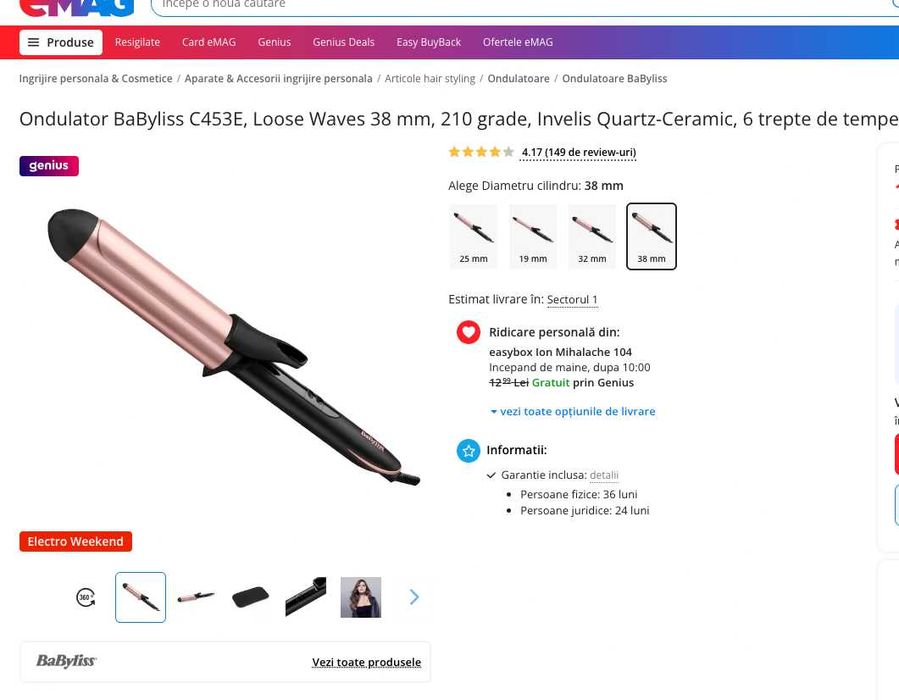 Ondulator BaByliss Loose Waves38mm Quartz-Ceramic 6 trepte temperatura