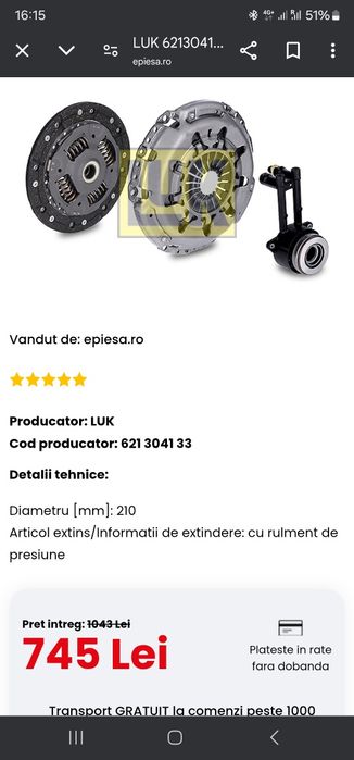 Vând kit ambreiaj LUK nou la cutie