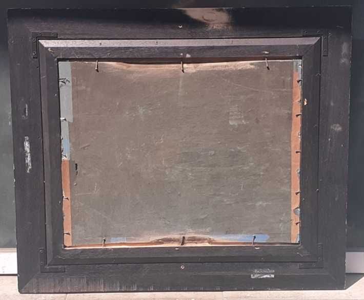 Tablou vechi - curte cu pasari domestice - semnat Baesu