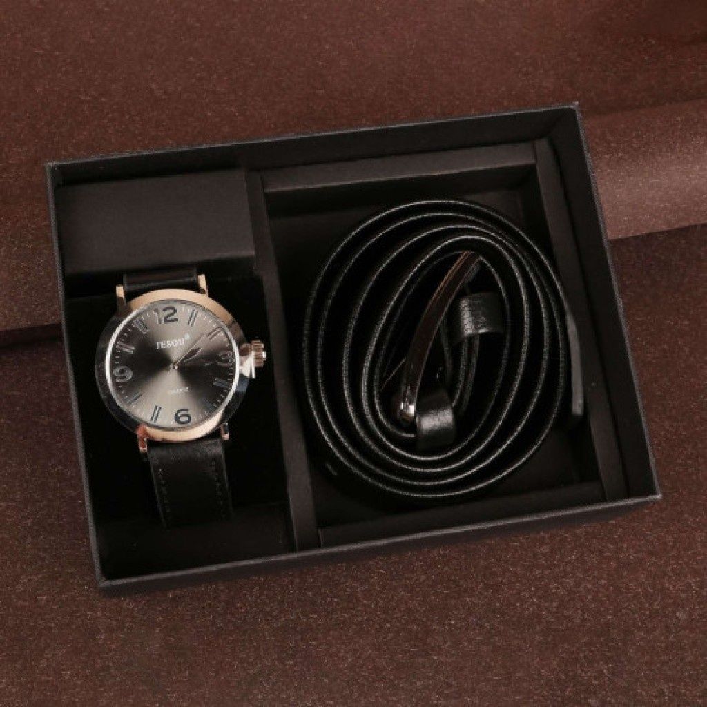 Подарен комплект Колан в черен цвят заедно с часовник кафяв/черен