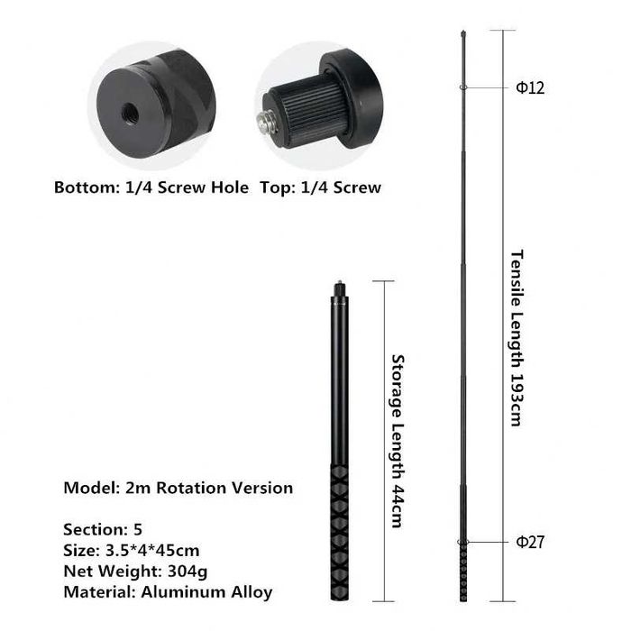 Invisible Selfie Stick invizibil Insta360 X2 X3 X4 X5 GoPro Max - 2m