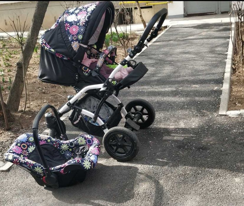 Cărucior 3 în 1 Hubners negru cu flori colorate (Dalia lux)