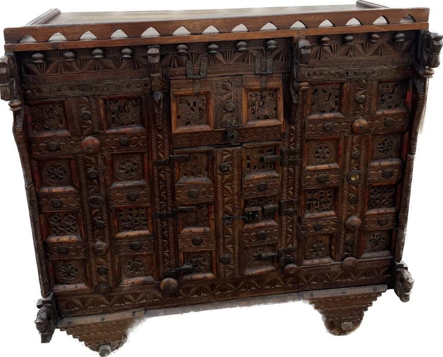 Dulap din lemn de tec sculptat, lada de zestre indiana