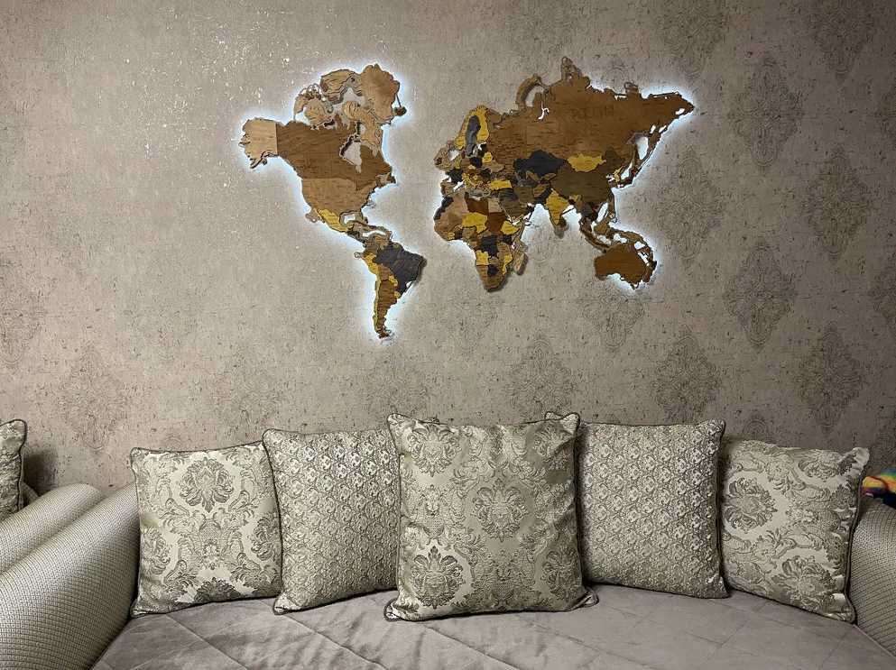 Карта мира из дерева. Настенный декор. Подарок. Карта мира детям