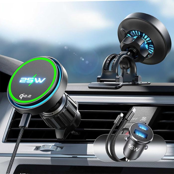 LISEN Qi2.2 25W MagSafe зарядно за кола, с вентилатор, 95W адаптер
