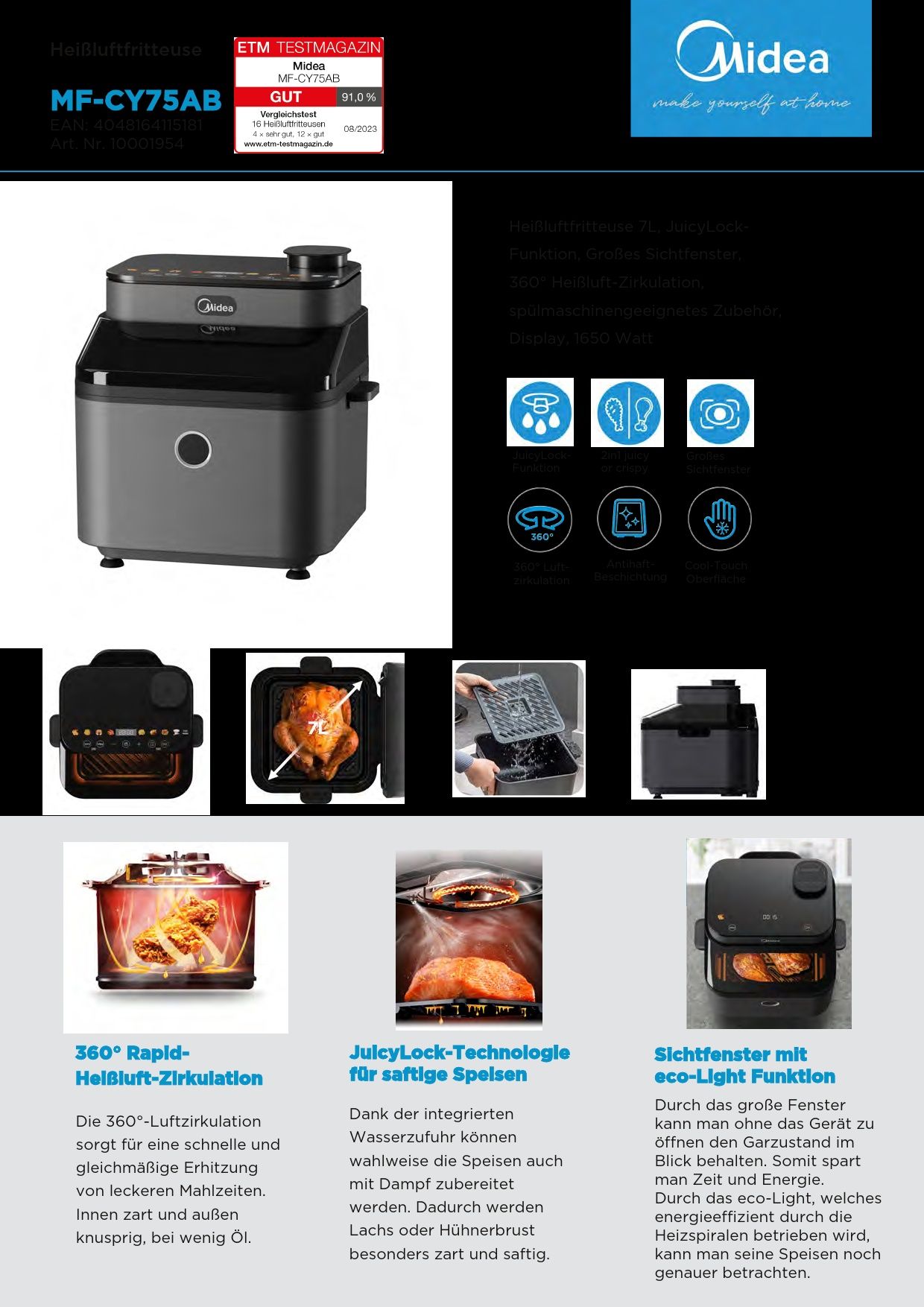 Еър Фрайър Midea DualTaste Air Fryer MF-CY75C2 – 7L капацитет