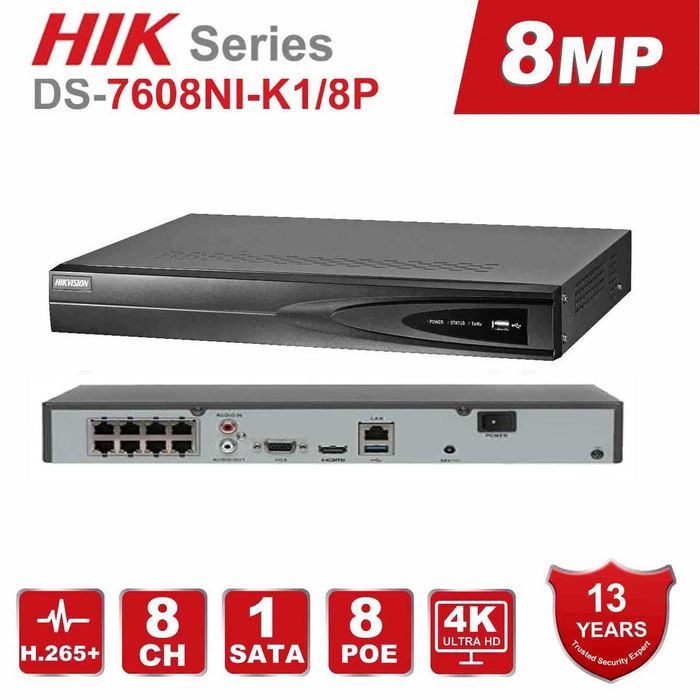 NVR DVR Hikvision DS-7608NI-K1/8P(C), 8 Canale PoE, Suport ONVIF, 8MP