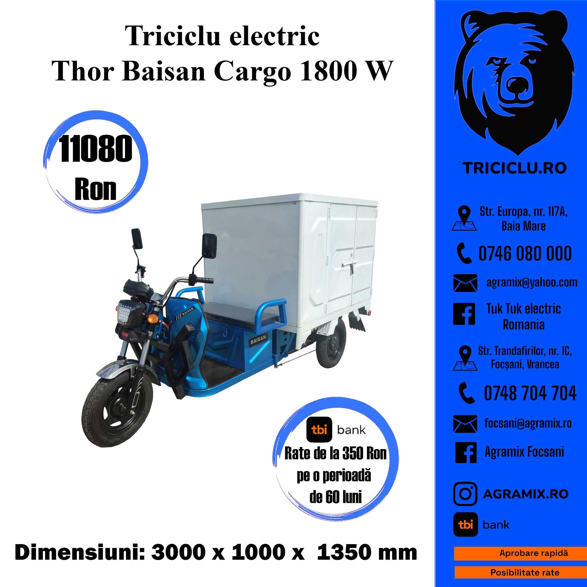 Triciclu electric fara cabina 1800W nou marca THOR BAISAN Agramix