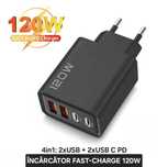 Încărcător 120W 4in1: 2Usb+2UsbC PD. Universal, multi dispozitiv. QC 3