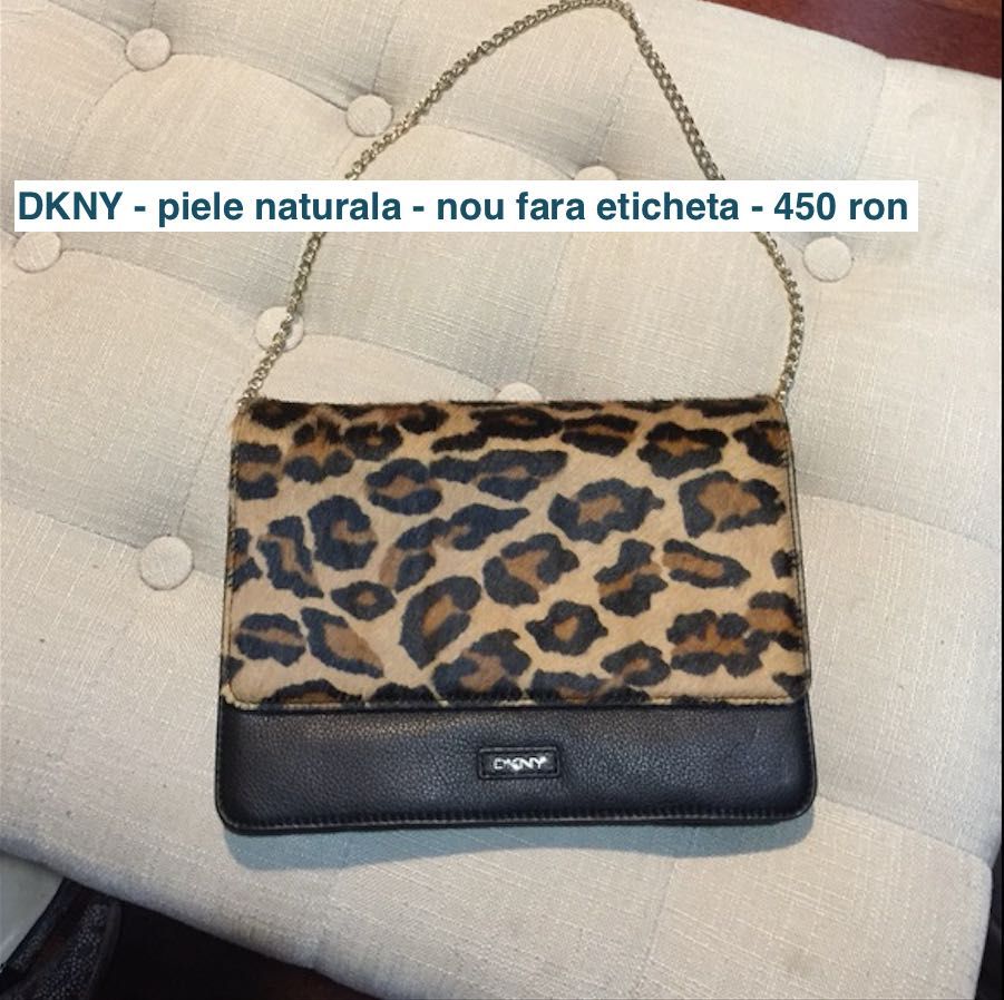 Geanta Poseta piele naturala DKNY albastru alb negru rosu maro