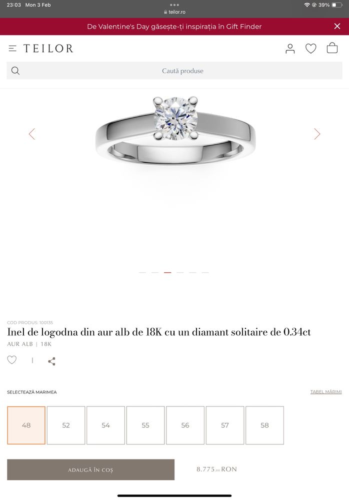 Inel logodna TEILOR aur alb 18K diamant solitaire de 0.34ct Marimea 48