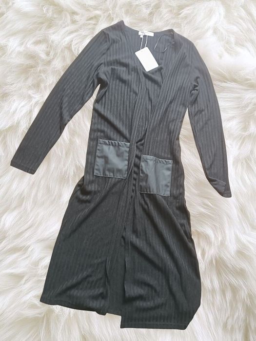 Cardigan lung cu buzunare de piele