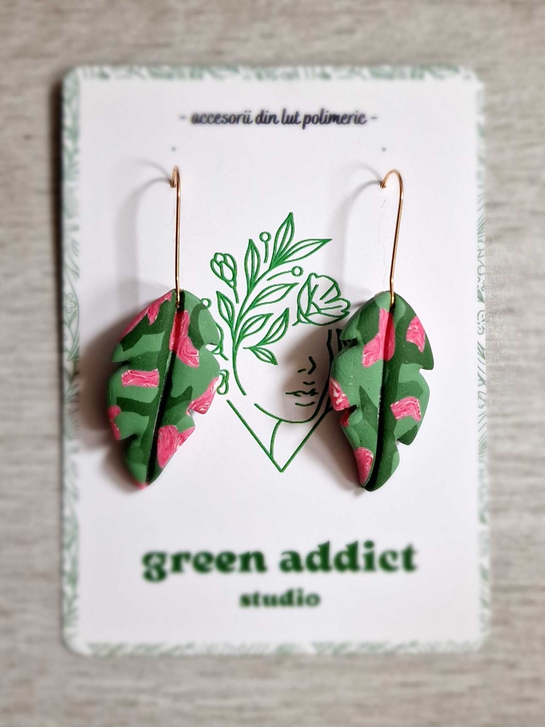 Cercei handmade - lut polimeric și oțel inoxidabil - leaves with pink