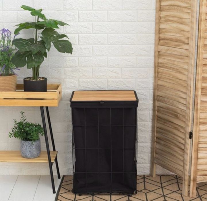 Cos metalic pentru rufe cu capac din Bambus 40x30x60 cm - 72l