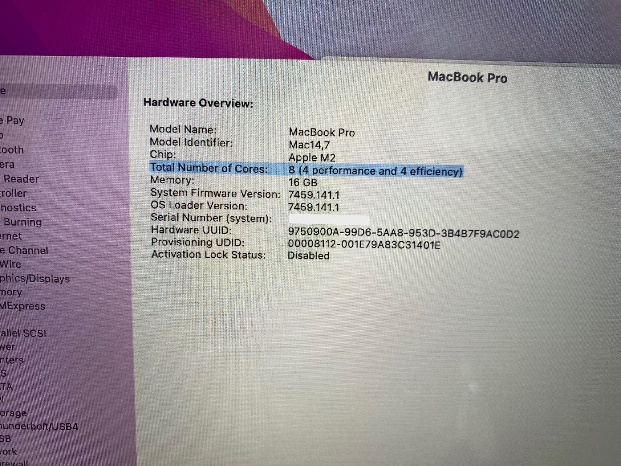 MacBook Pro 13" M2 Chip 8-Core CPU, 10-Core GPU,  16GB RAM, 512GB SSD
