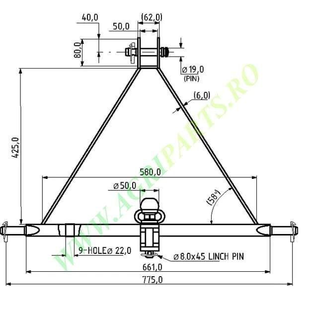 Bara remorcare in 3 puncte, categoria 1, sarcina maxima 3500 Kg, pe