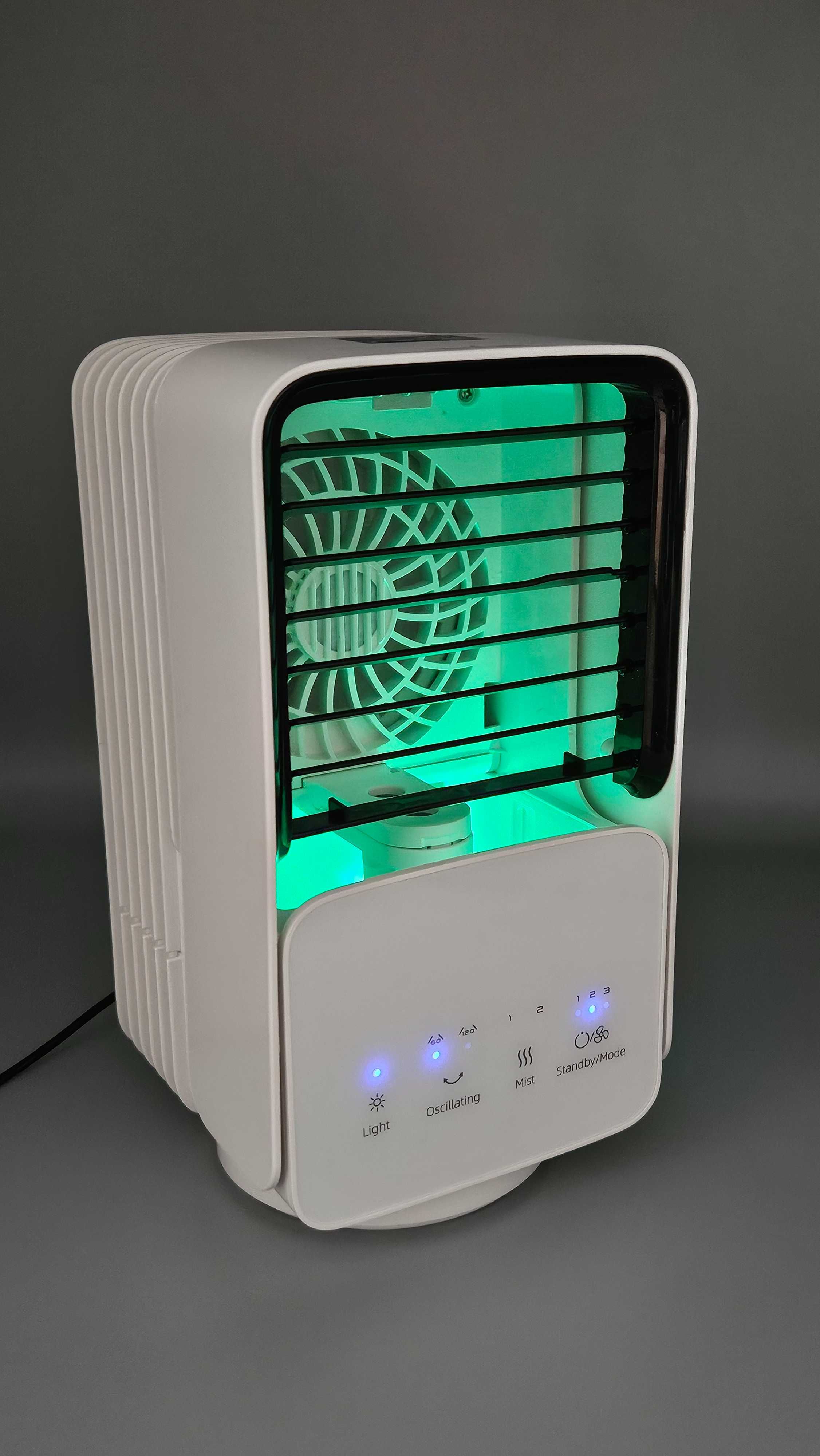 Преносим охладител-вентилатор и овлажнител на въздуха с LED осветление